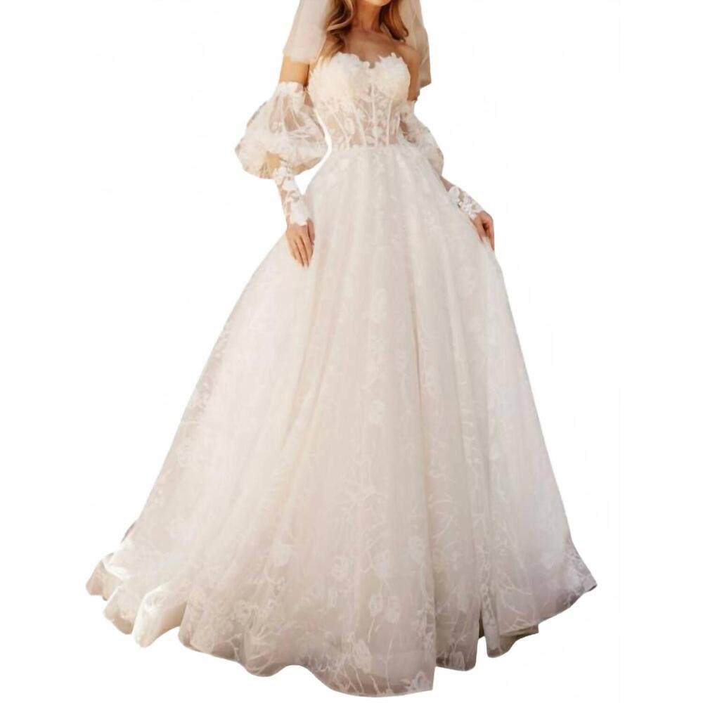 NEW ABBY PARIS puff sleeve strapless bridal gown in ivory
